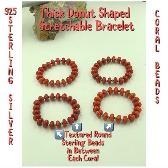 Q.T. 925 Donut Shaped Coral & STER Beads Bracelet - Picture 1 of 7